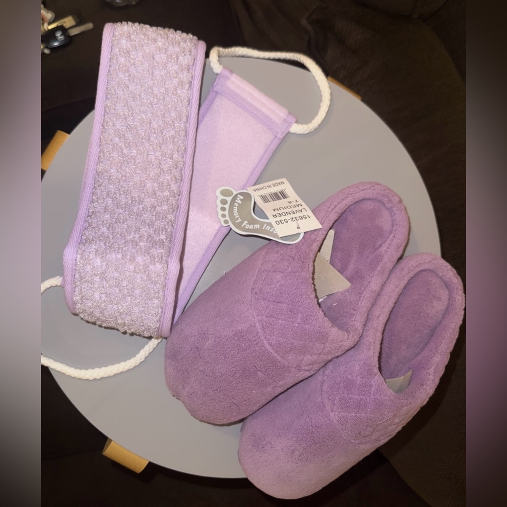 Cozy Purple Slippers & New Bath Towel for Sale!